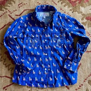Vintage Blue Button Down Shirt kids S , colorful llama Print rainbow 🦙🌈